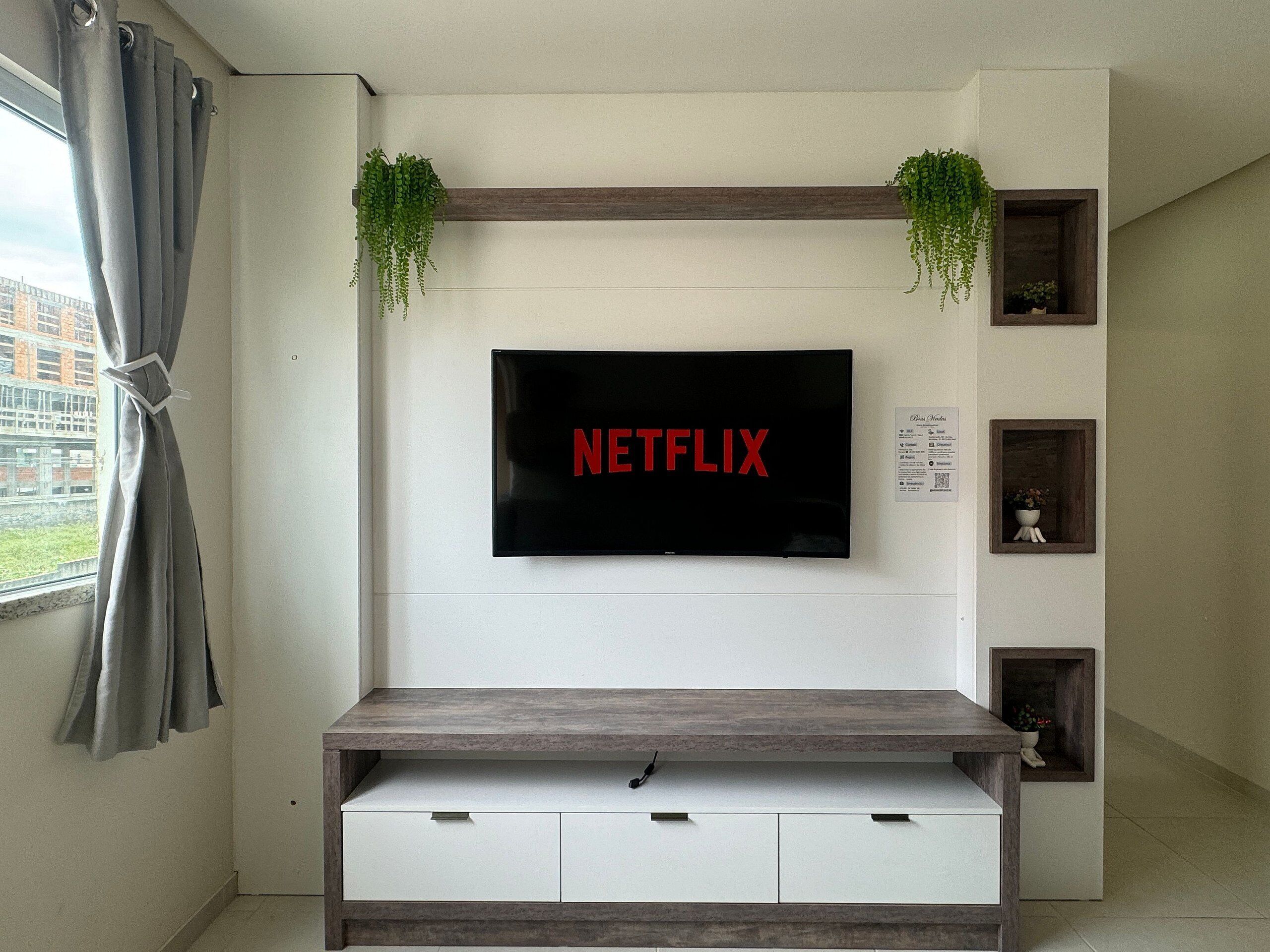 A modern living room with a mounted TV displaying the Netflix logo, a wooden entertainment unit below, and two hanging plants.