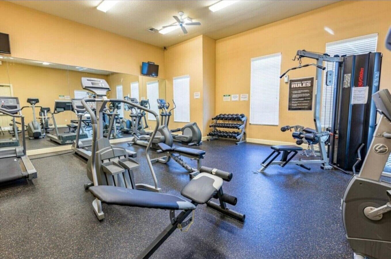 Un gimnasio con máquinas de cardio, pesas libres y un espejo.