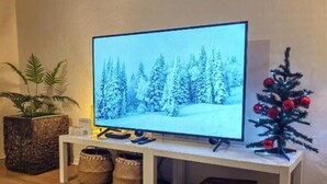 Ein Flachbildfernseher auf einem weißen Standfuß, ein kleiner Weihnachtsbaum mit roten Dekorationen und eine Topfpflanze.