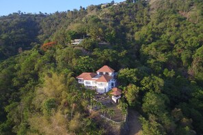 Una casa grande rodeada de bosque denso, con varias edificaciones y un sendero visible.