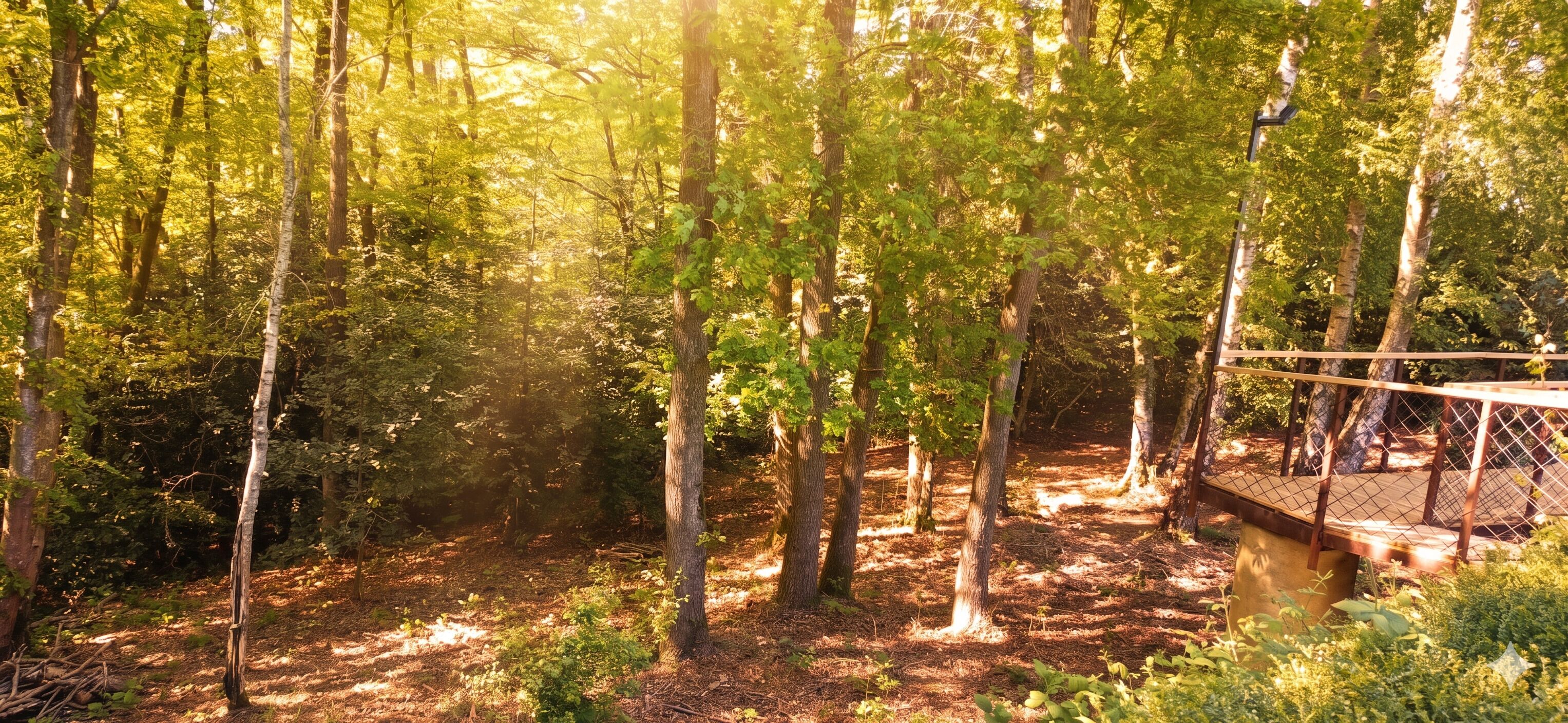 Une zone boisée avec un pont et un sentier.