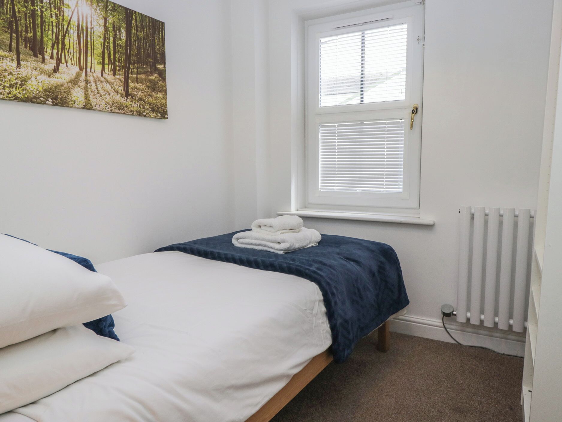 A bedroom with a bed, a window with blinds, a radiator, and a painting on the wall.