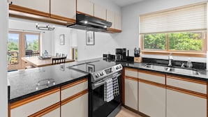 Una cucina moderna con piano cottura, lavello e finestra con vista sul verde.