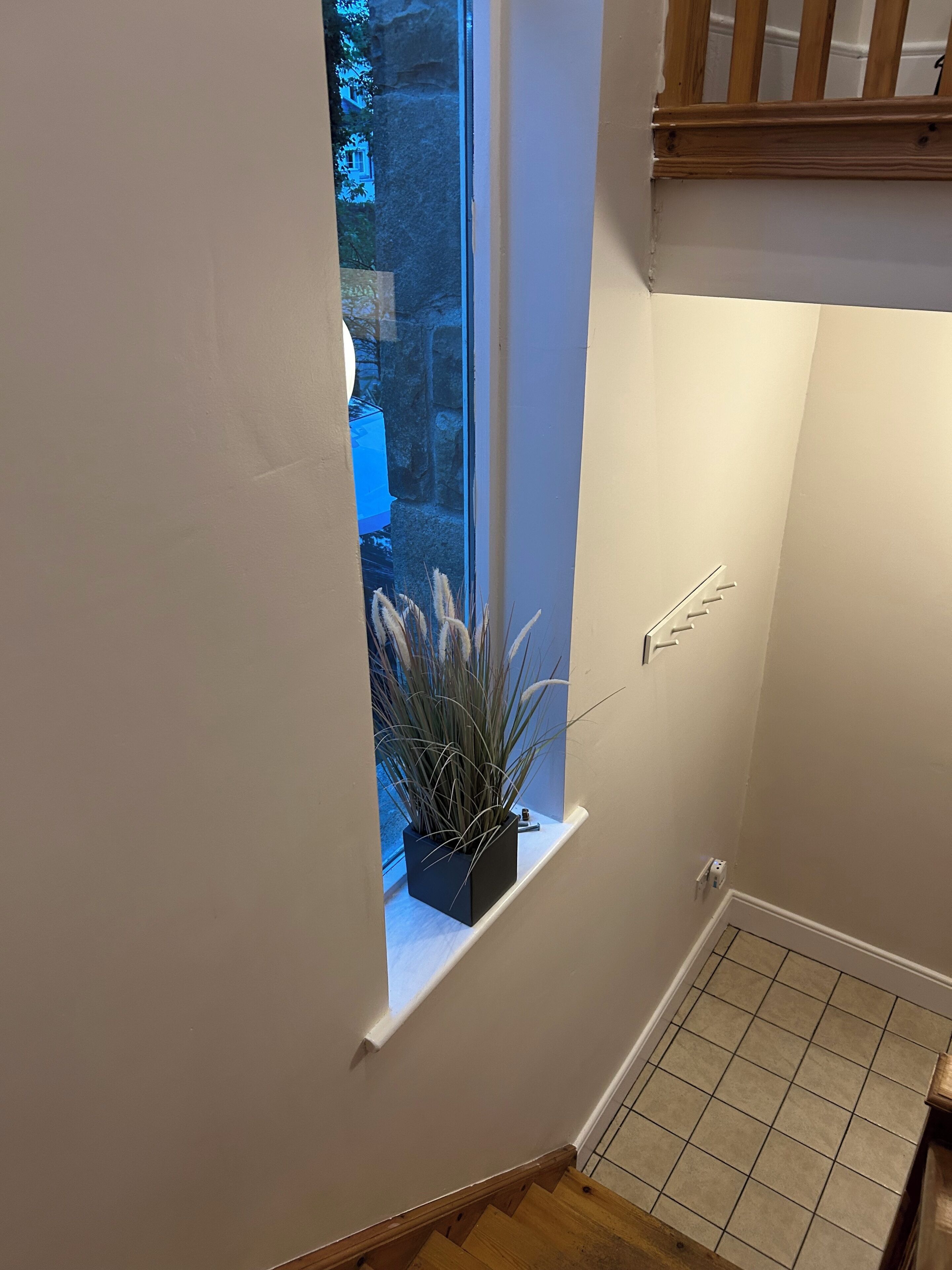 A narrow stairwell with a window, a potted plant, and a white wall.