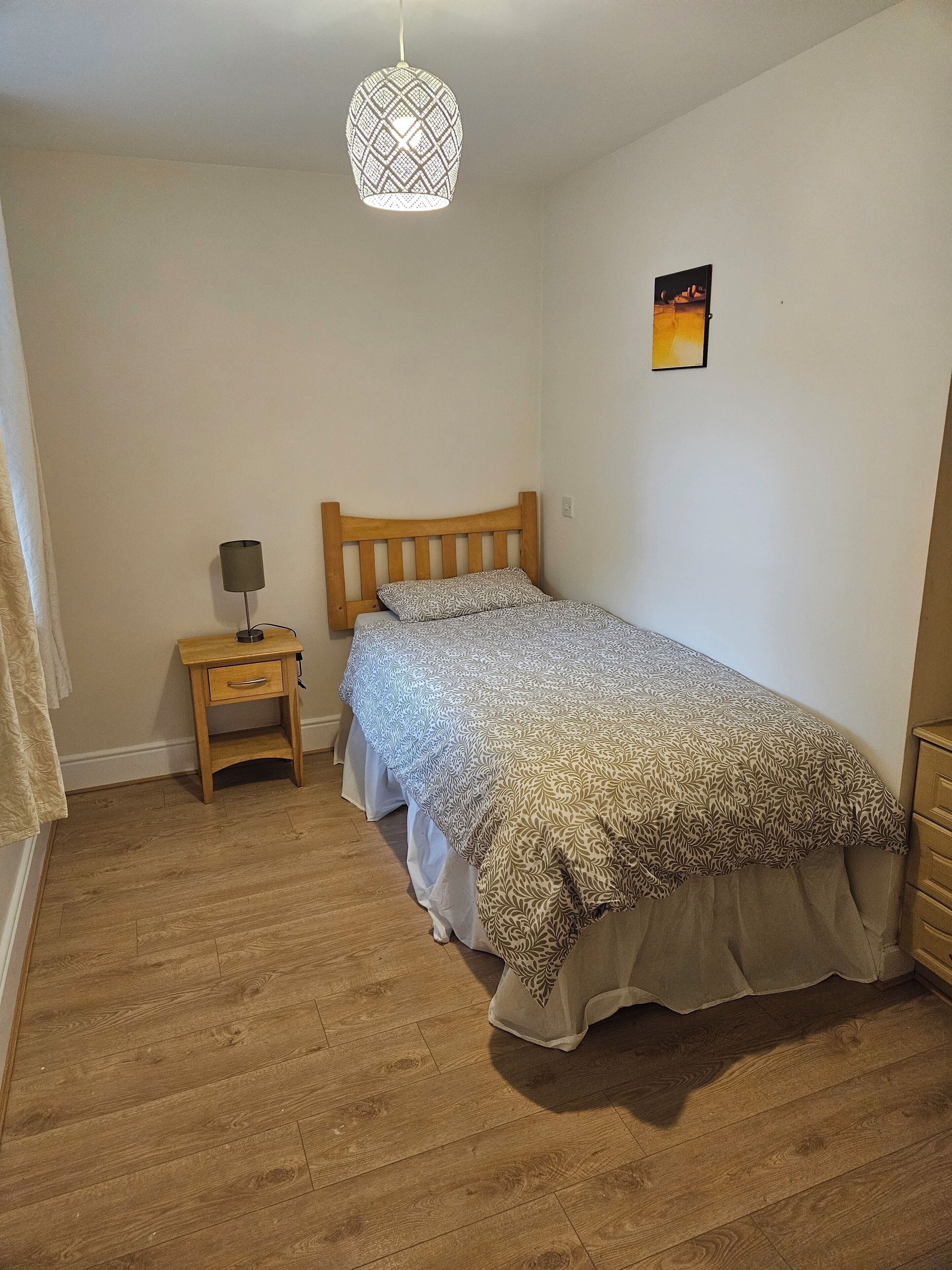 A bedroom with a wooden bed, a bedside table with a lamp, a hanging light fixture, and a small painting on the wall.