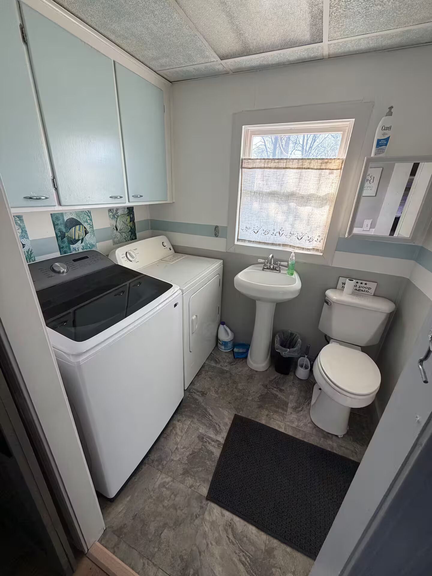Hair dryer, towels, soap, toilet paper