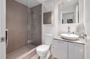 Hair dryer, towels, soap, toilet paper