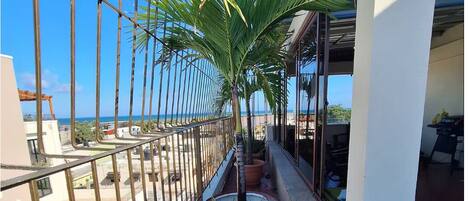 A balcony with a potted palm tree, a railing, and a view of the sea.