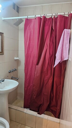 Een douche, een bidet, handdoeken, toiletpapier