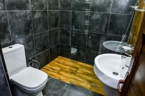 Shower, hair dryer, slippers, towels
