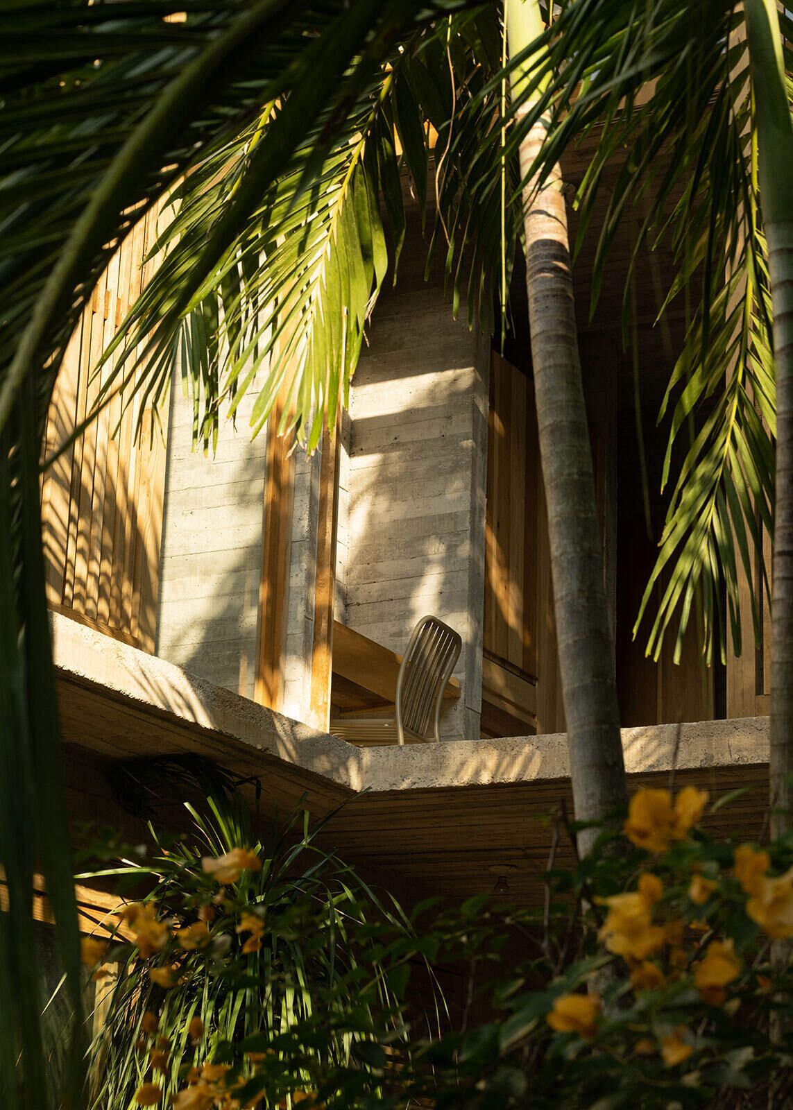 A wooden staircase leading to a balcony with a chair, surrounded by palm trees and yellow flowers.