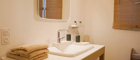 Hair dryer, towels, soap
