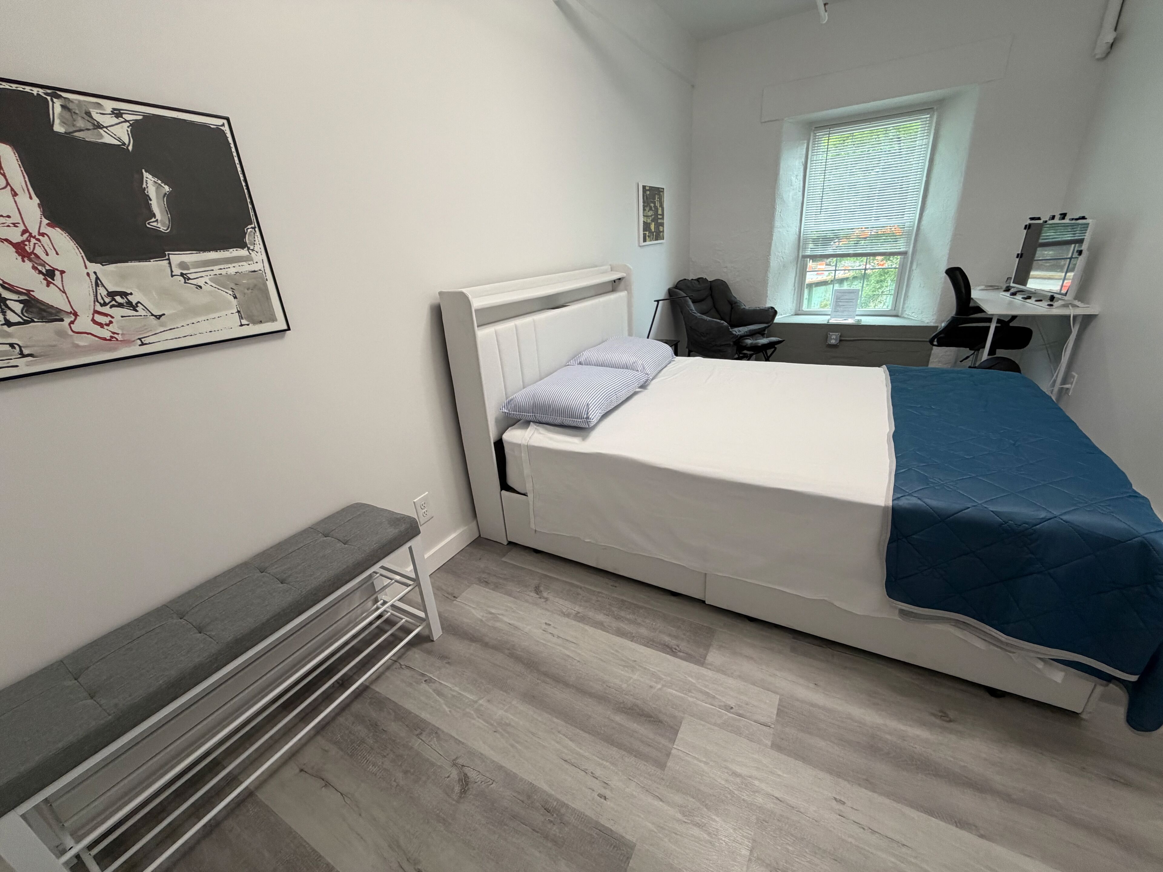 Desk, laptop workspace, WiFi (free), bed sheets