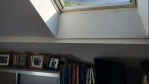 Ein Oberlicht mit Blick auf die Berge, ein Bücherregal mit Büchern und ein Fernseher.
