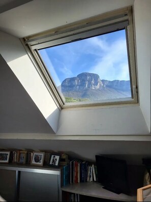 Ein Oberlicht mit Blick auf die Berge, ein Bücherregal mit Büchern und ein Fernseher.