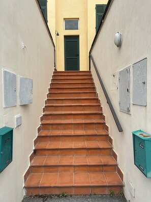 Eine Treppe mit Terrakotta-Stufen, die zu einer Tür mit grünen Fensterläden führt.