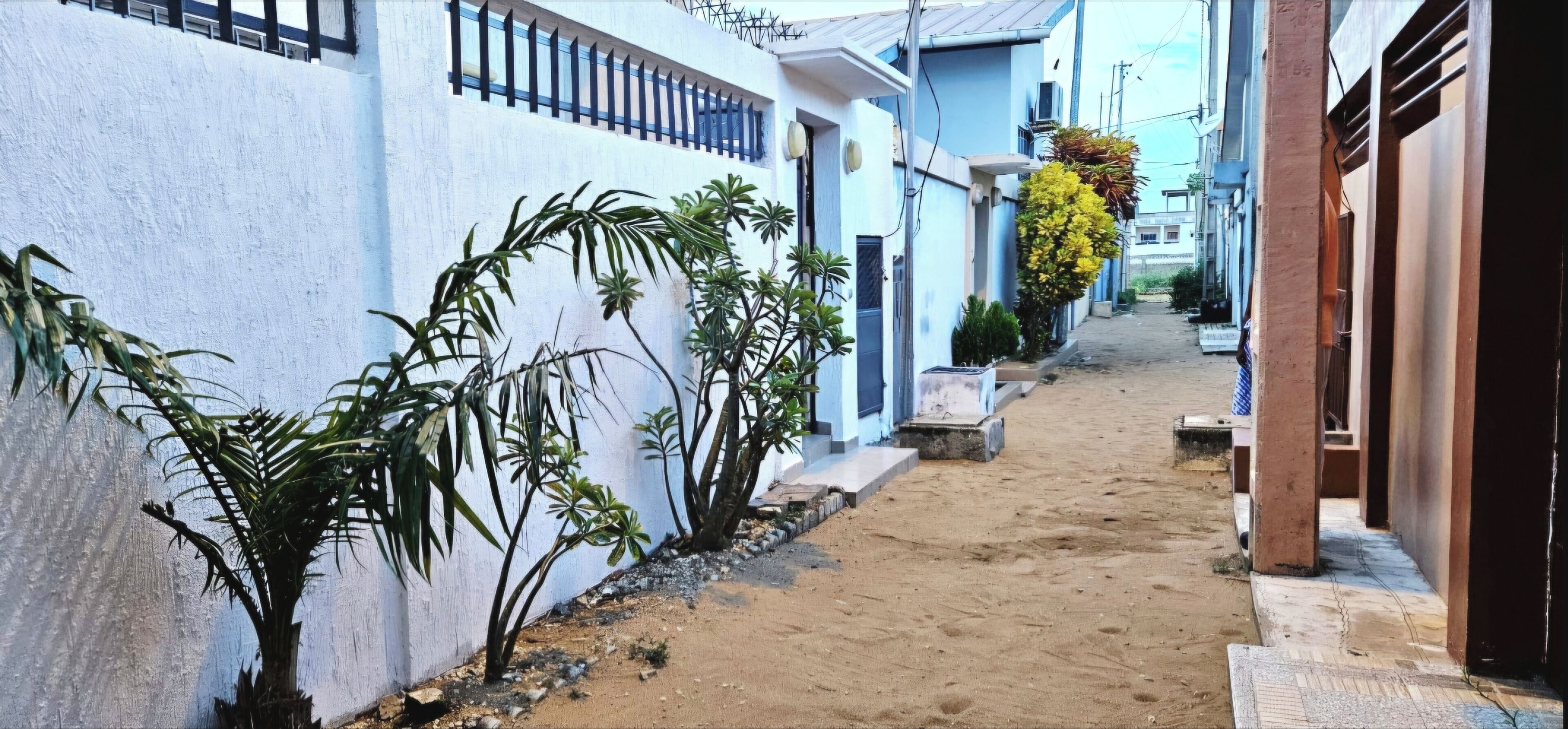 A narrow alleyway with buildings on either side, some with balconies and plants.