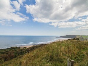 Eine Küstenlandschaft mit Strand, einer Wiese und einer Klippe.