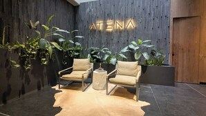 Eine Lobby mit zwei Ledersesseln, einem kleinen runden Tisch und einer großen Pflanze im Topf.