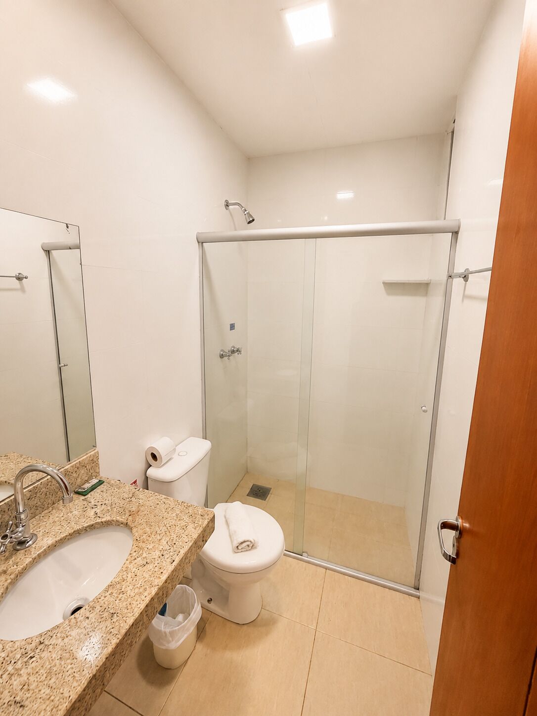 Baño con lavamanos, inodoro y ducha envuelta en vidrio.