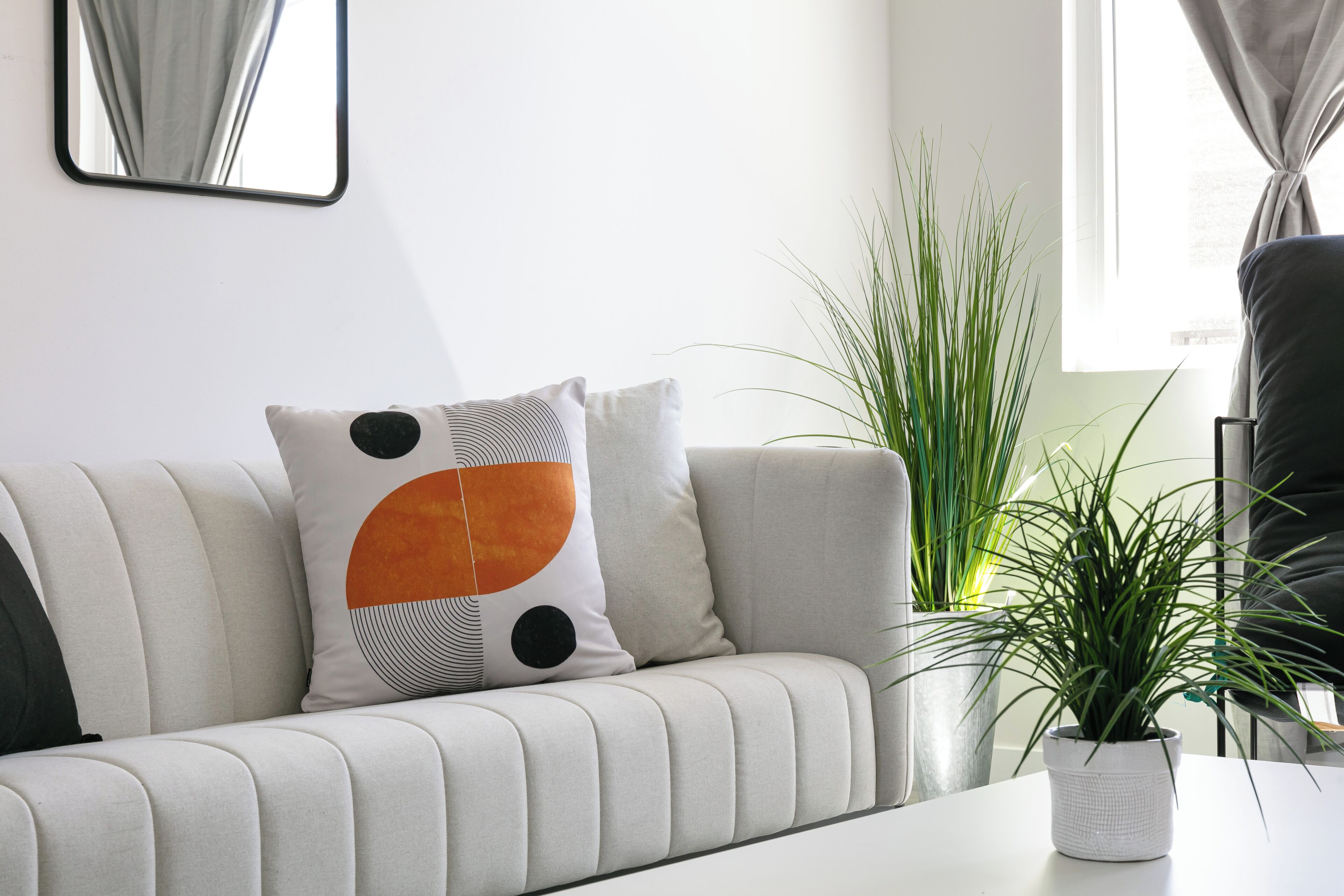 Uma sala de estar moderna com um sofá, uma planta em vaso e um espelho na parede.