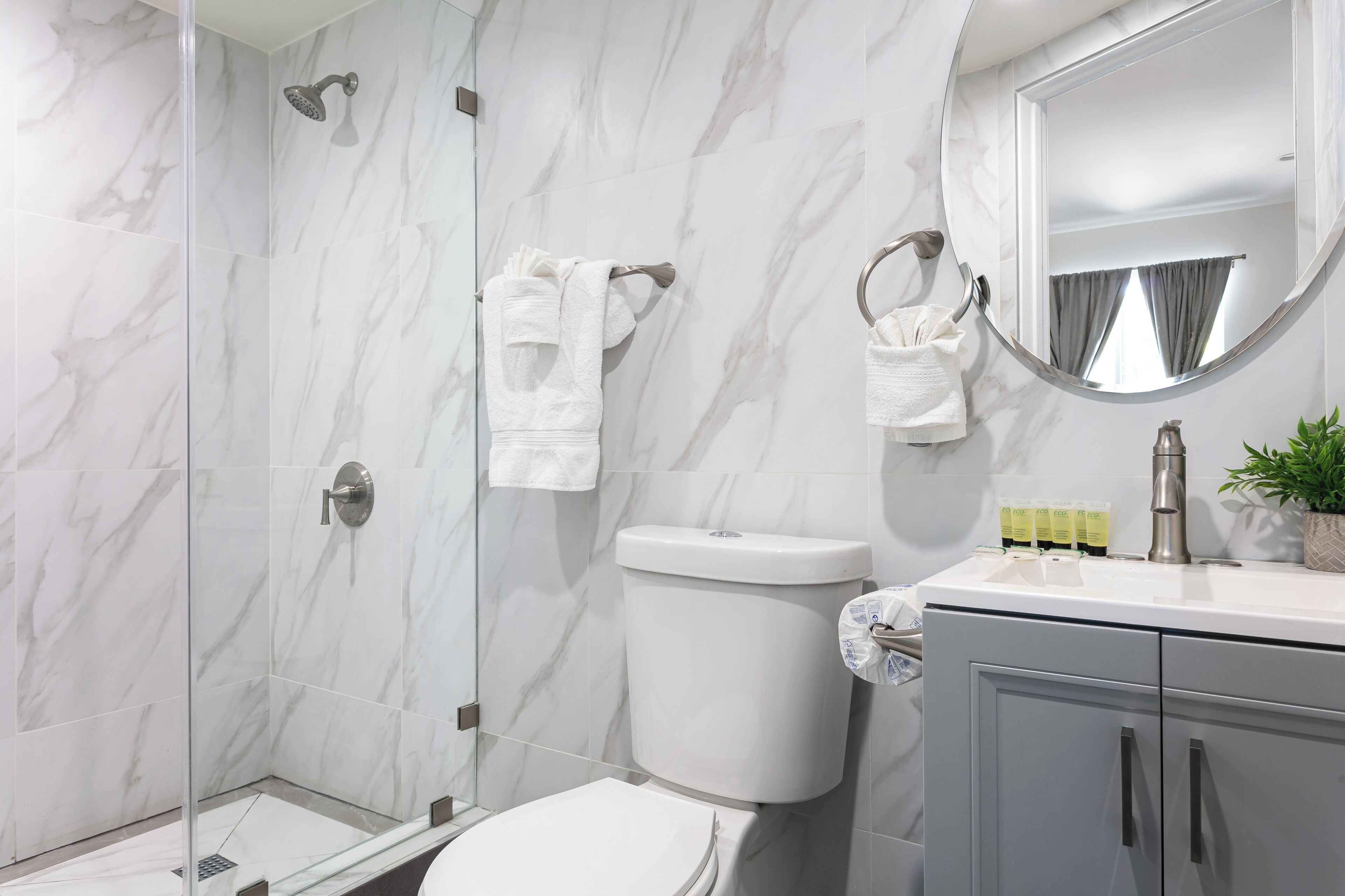 Une salle de bain avec une douche à parois de verre, des toilettes, un lavabo avec un miroir et un meuble de rangement.