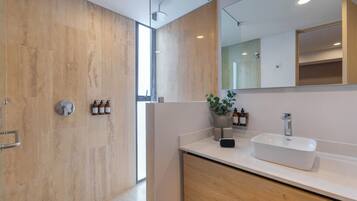 Departamento Premium, balcón | Baño | Regadera, amenidades de baño gratuitas, secadora de cabello, toallas
