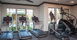 Ein Fitnessstudio mit Laufbändern, einem Steiger und einem Ergometer.