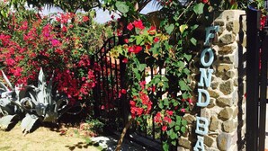 A stone wall with the name 'FOND BAY' and a garden with red flowers and agave plants.