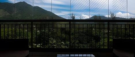 A room with a view of a mountain and trees through a window with a metal grid.