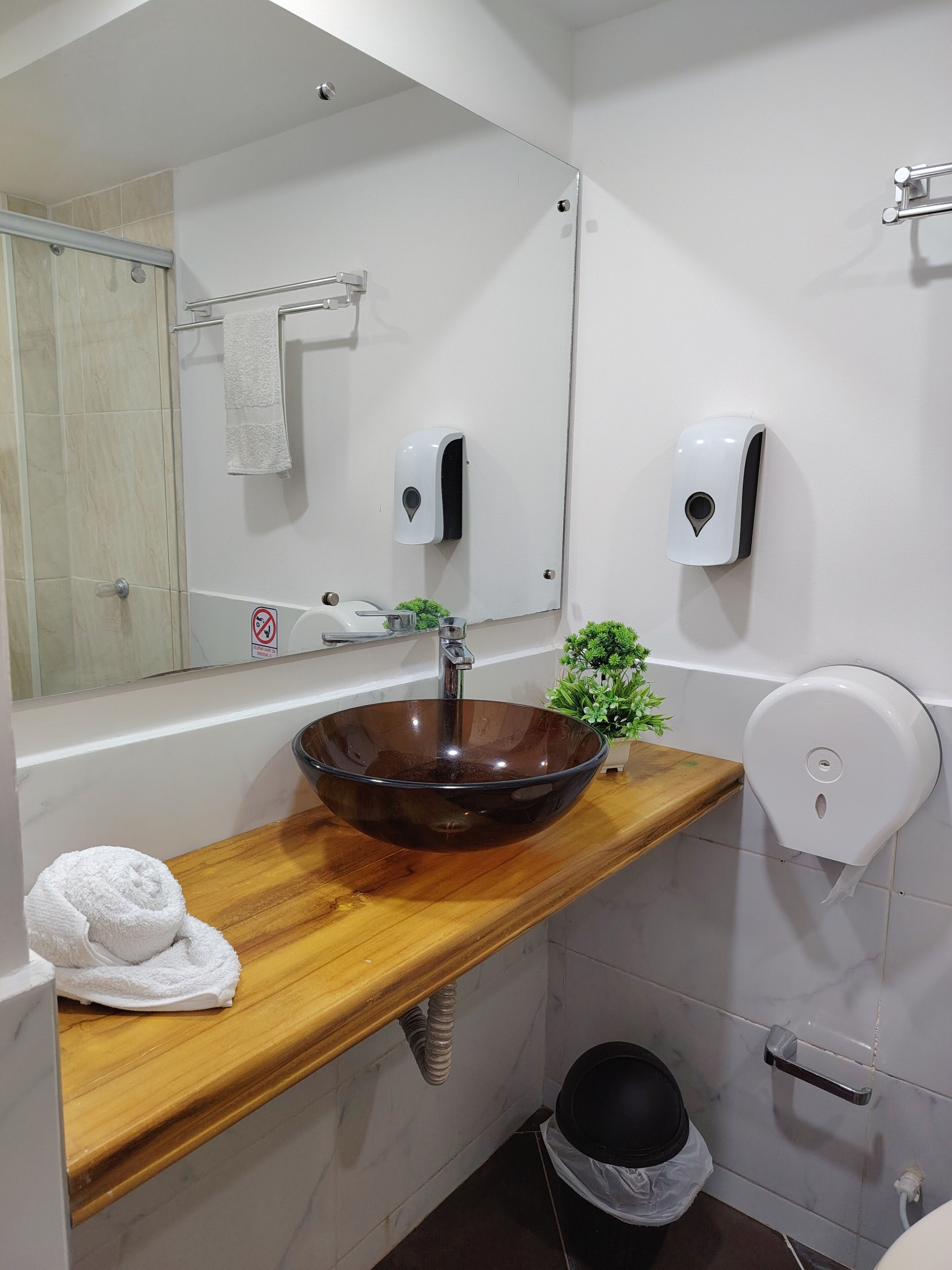 Baño con tocador de madera, lavamanos de vidrio, espejo, toalla, planta y secador de manos.