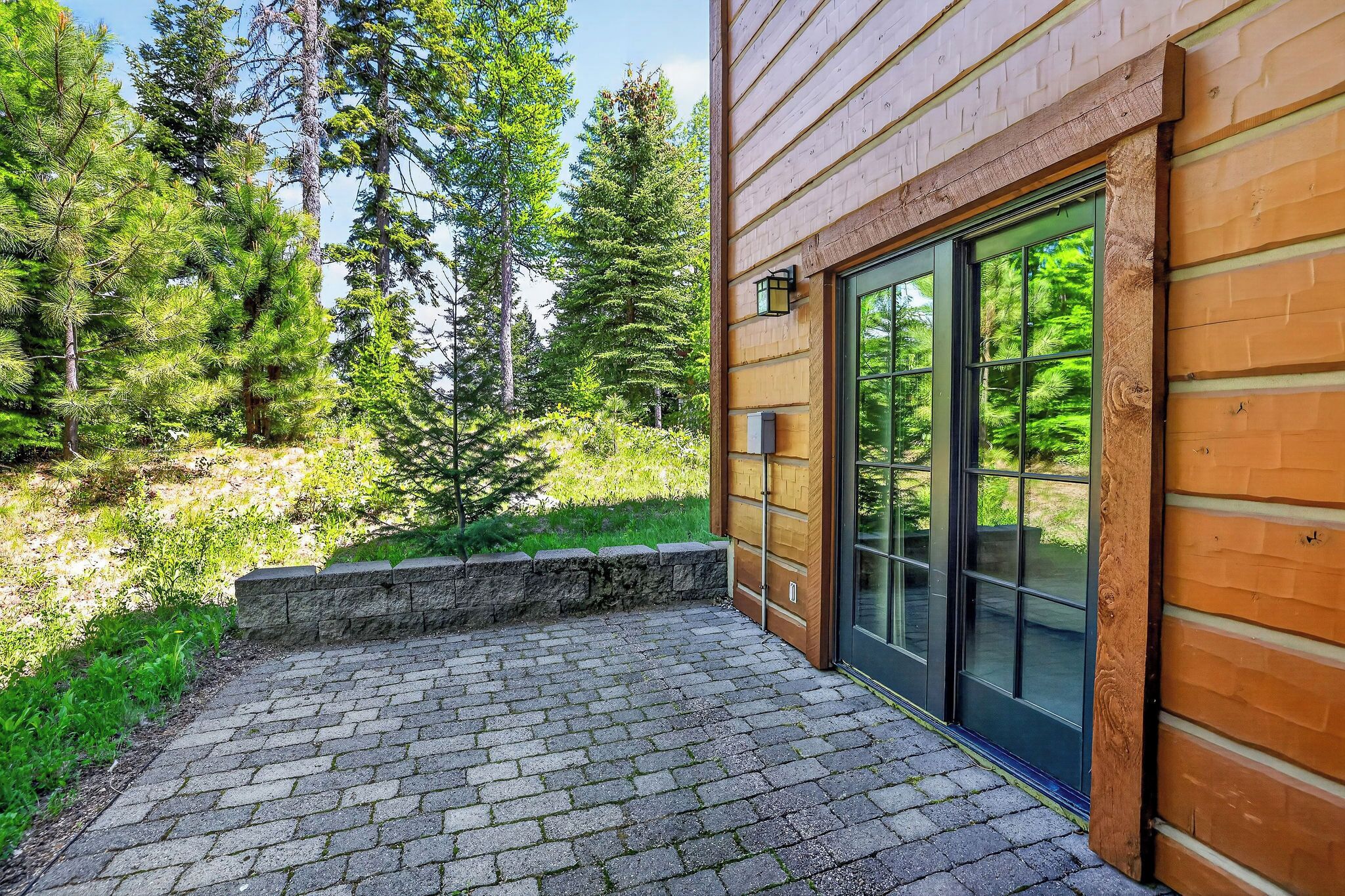 A wooden building with a glass door, a paved patio, and a forested background.