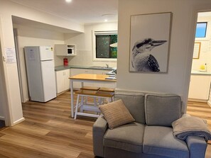 Ein kompakter Wohnbereich mit Küchenzeile, einem grauen Sofa und einem Vogelbild in einem Rahmen.