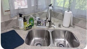 Uma cozinha com uma pia dupla, uma torneira e diversos produtos de limpeza.