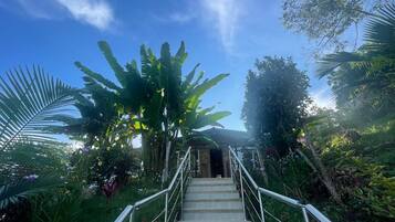 A staircase leading to a building surrounded by lush greenery and a clear blue sky.