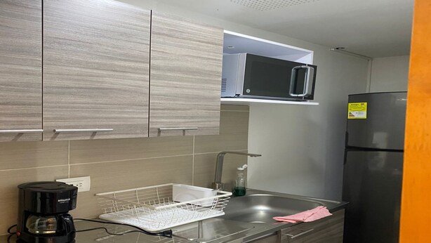 Una cocina moderna con armarios grises, un lavamanos de acero inoxidable, un refrigerador negro y un microondas.
