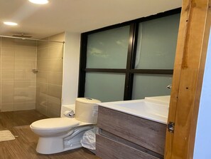 Ein Badezimmer mit Toilette, Dusche und einem großen Fenster.