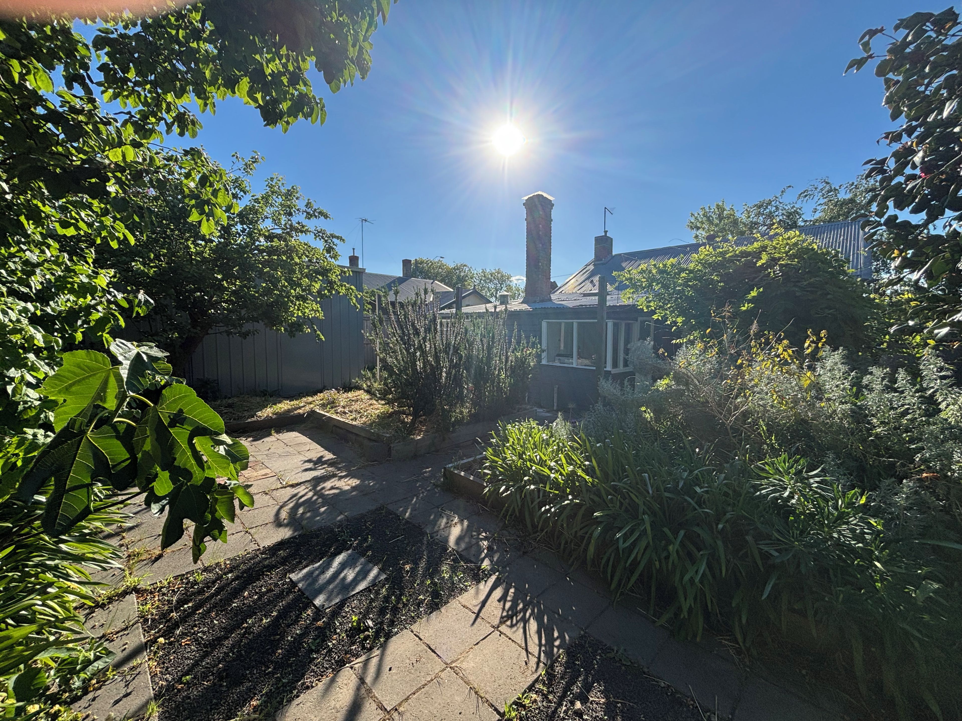 A garden pathway leading to a building with a chimney, surrounded by lush greenery and a clear sky.