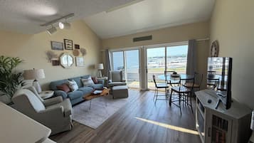 Smart TV, fireplace, books
