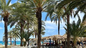 A beach area with palm trees, beach chairs, and umbrellas. - Beautiful apartment overlooking the Mediterranean. (Villajoyosa/Vila Joiosa, La)