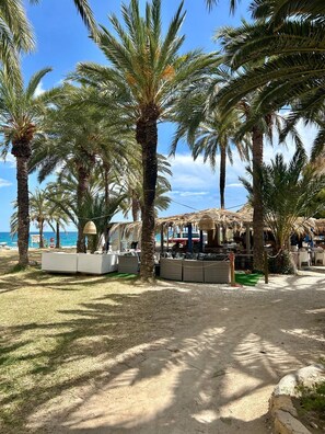 A beach area with palm trees, beach chairs, and umbrellas. - Beautiful apartment overlooking the Mediterranean. (Villajoyosa/Vila Joiosa, La)