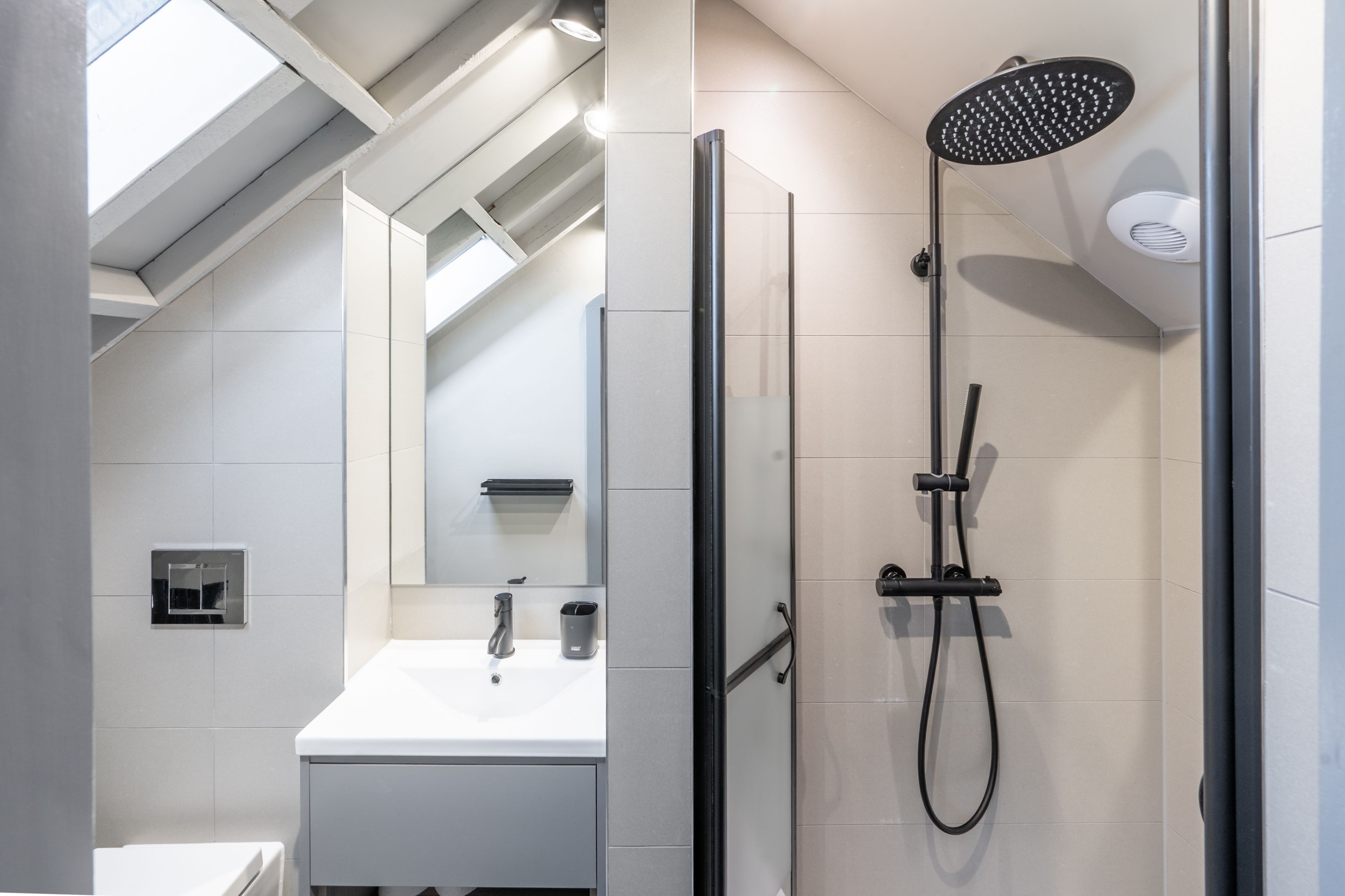 Un baño moderno con tragaluz, ducha y lavamanos.