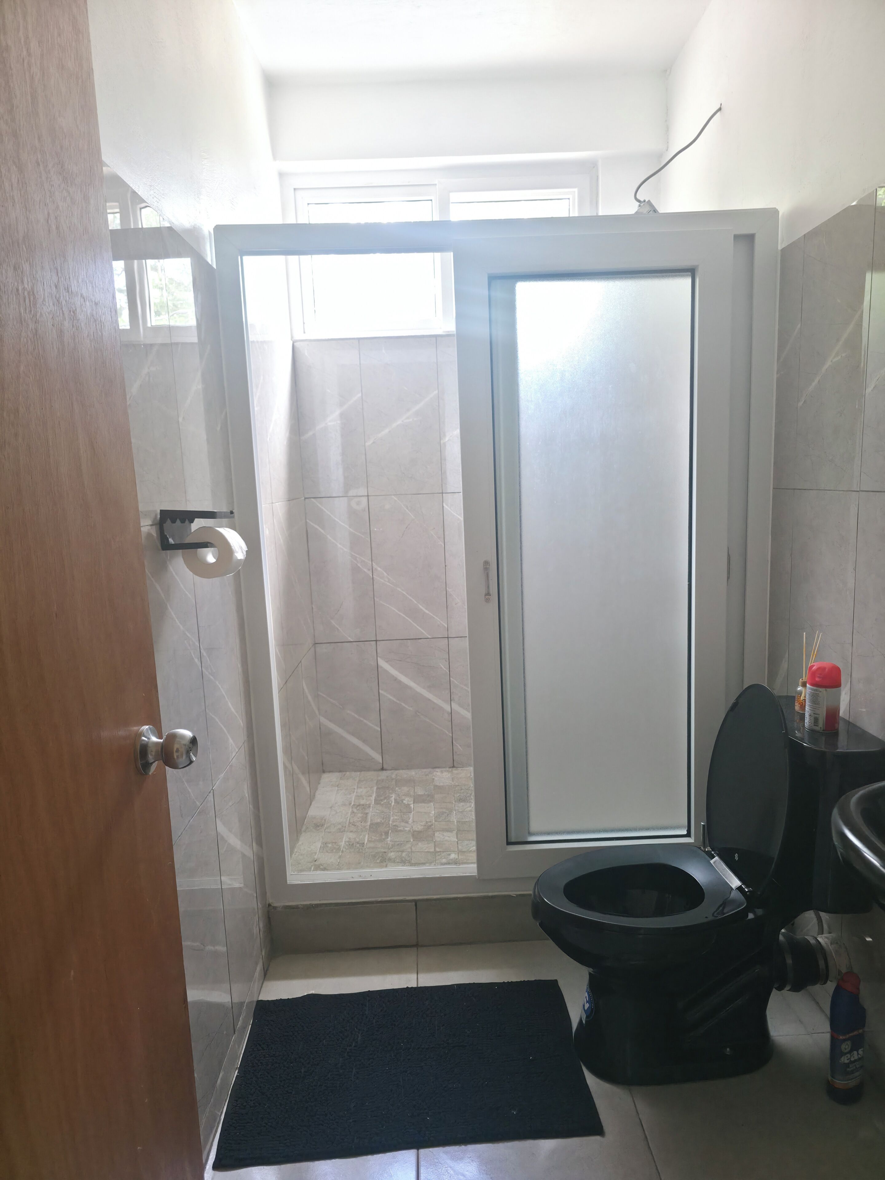 Une salle de bain avec douche, toilettes et une porte donnant sur une autre pièce.