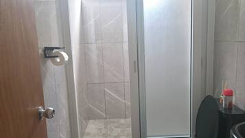 Une salle de bain avec douche, toilettes et une porte donnant sur une autre pièce.