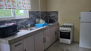 A kitchen with a sink, stove, and cabinets. - Barefoot Apartments (Roseau)