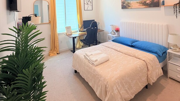 A bedroom with a bed, a desk, a chair, a TV, a plant, and a painting on the wall.
