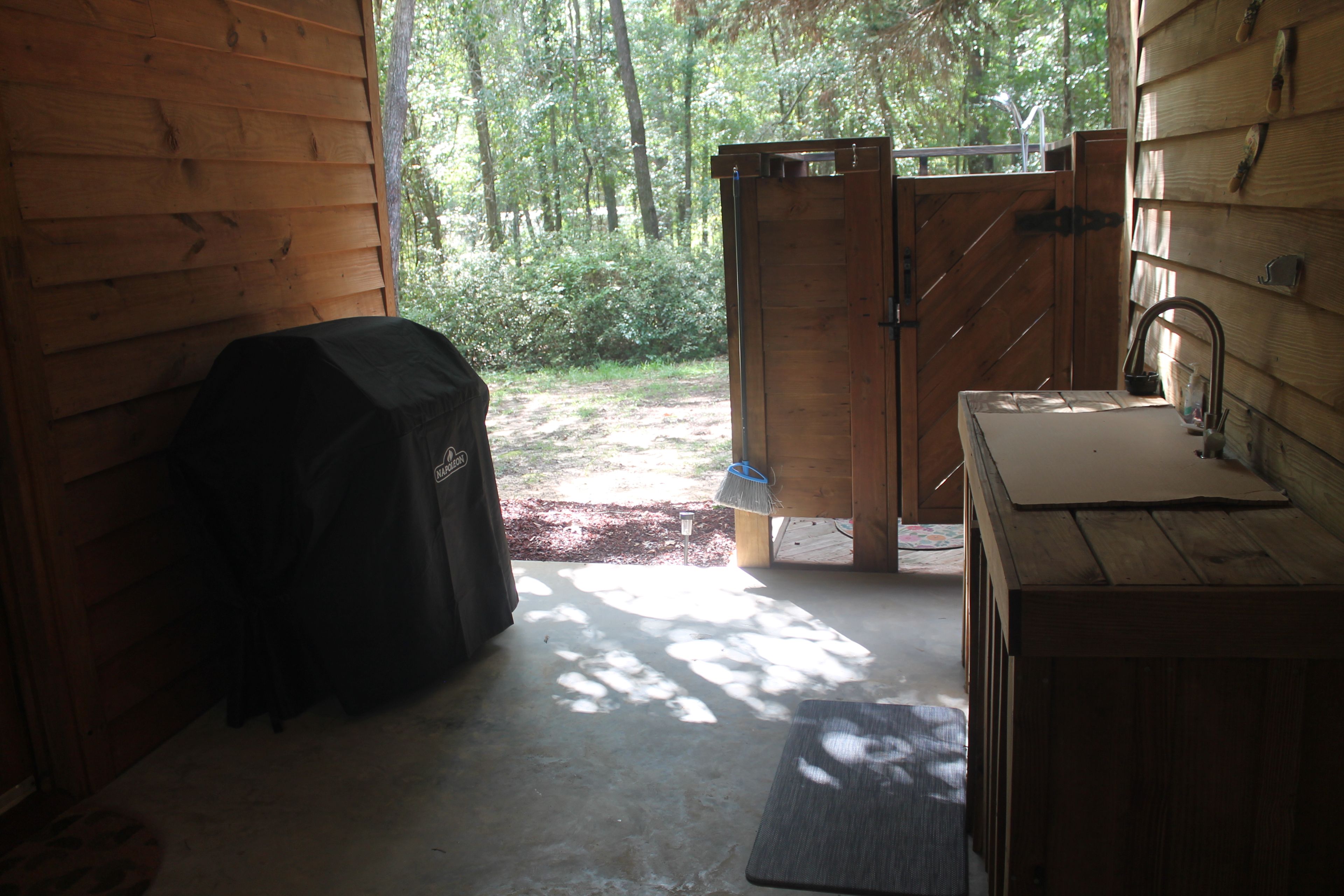 A wooden cabin interior with a door leading to a forested area, a sink, and a covered object.
