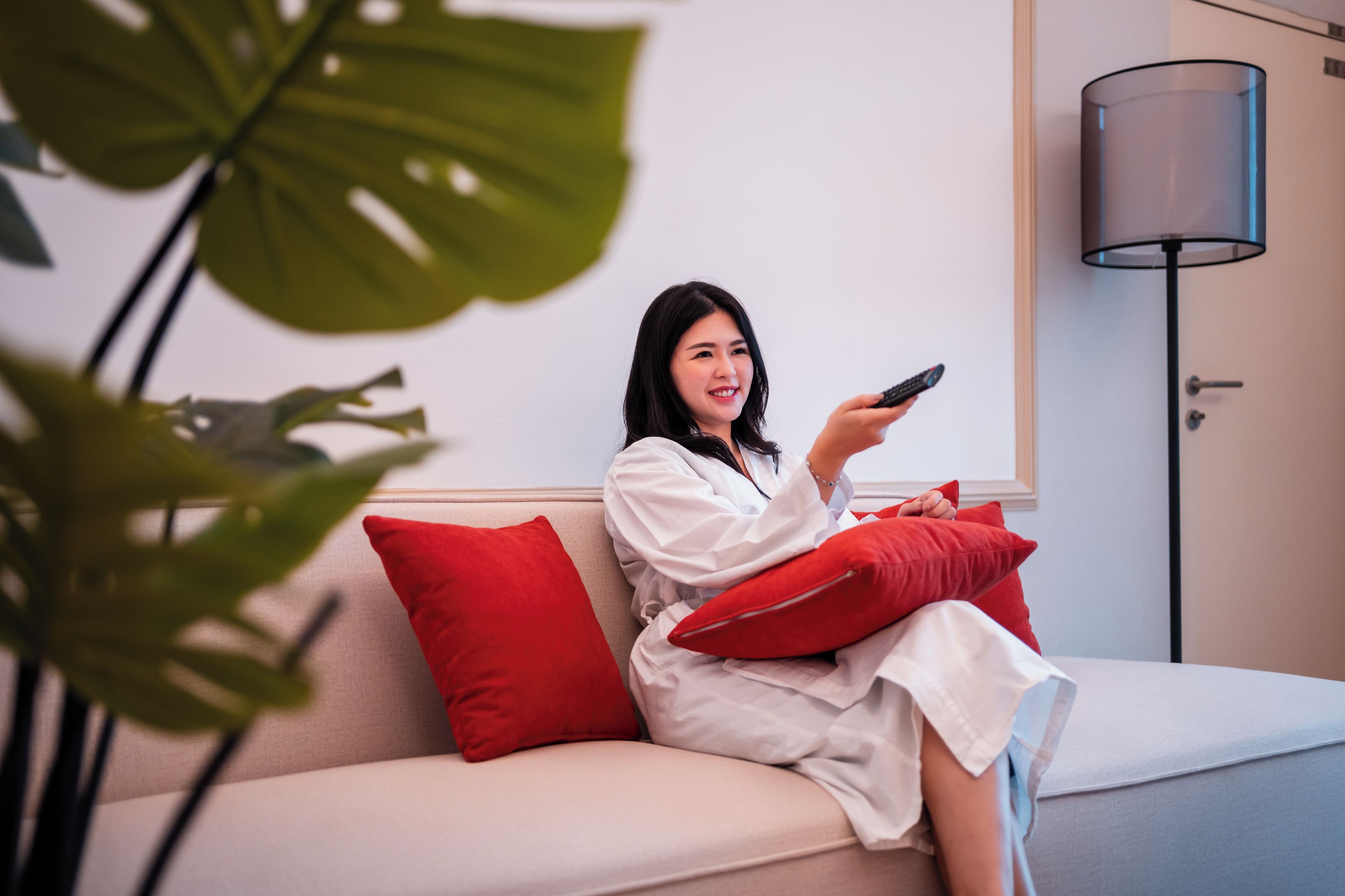 A person sitting on a sofa with red pillows, holding a remote control, in a room with a floor lamp and a plant.