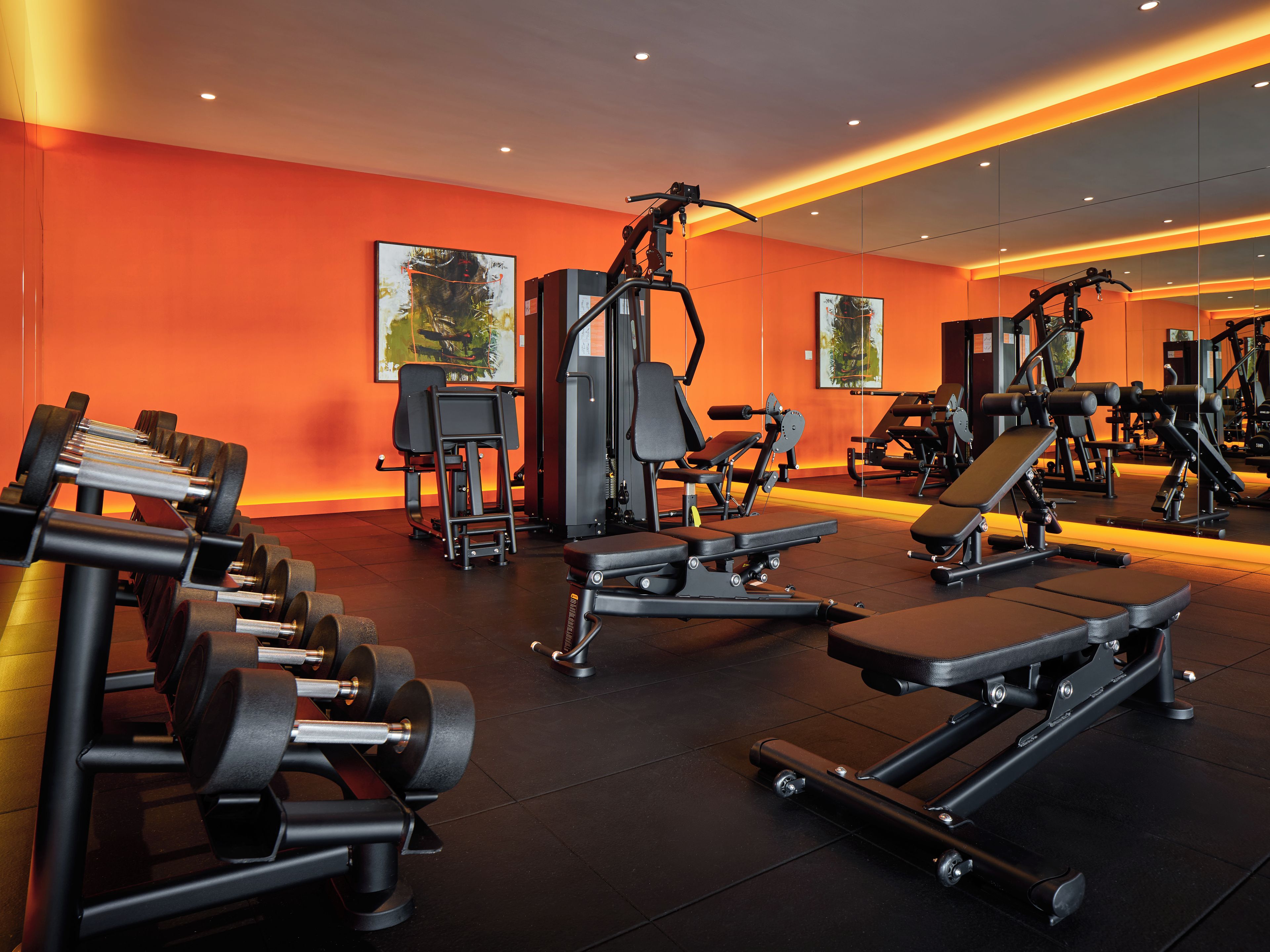 A gym with various exercise equipment, including dumbbells, benches, and weight machines.