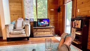 A cozy cabin interior with a sofa, a coffee table, a TV, and a bookshelf. - Woodlake Retreats Cozy Cabin + decks and firepit (Ashland)